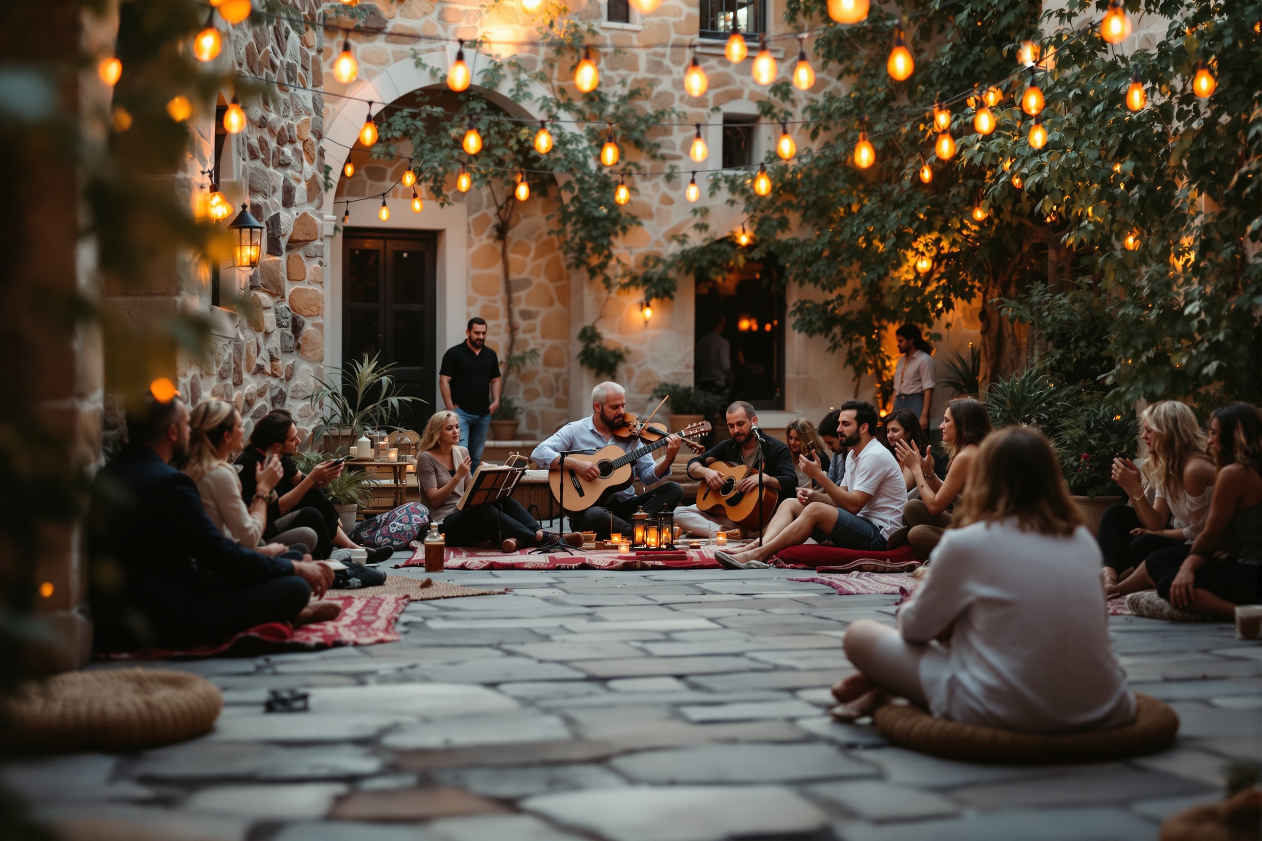 A cultural gathering in a warmly lit Armenian courtyard